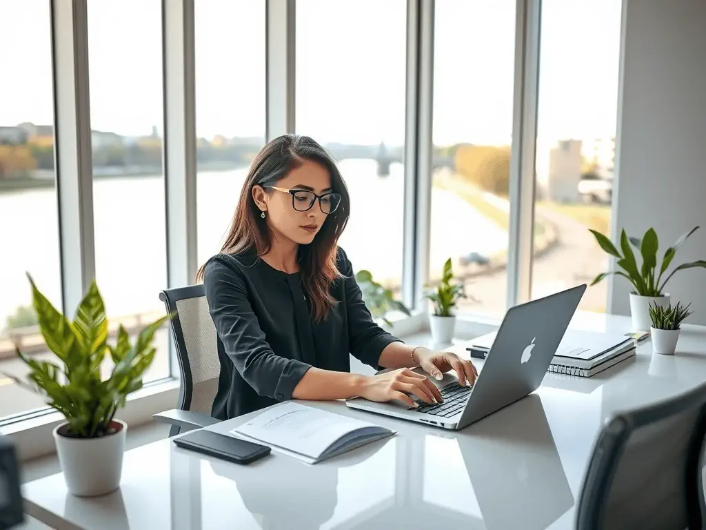 A professional woman sitting at a modern office desk, working on a laptop with a serene river view in the background. She is wearing glasses and formal attire, with potted plants and office supplies neatly arranged around her, creating a productive and organized workspace.