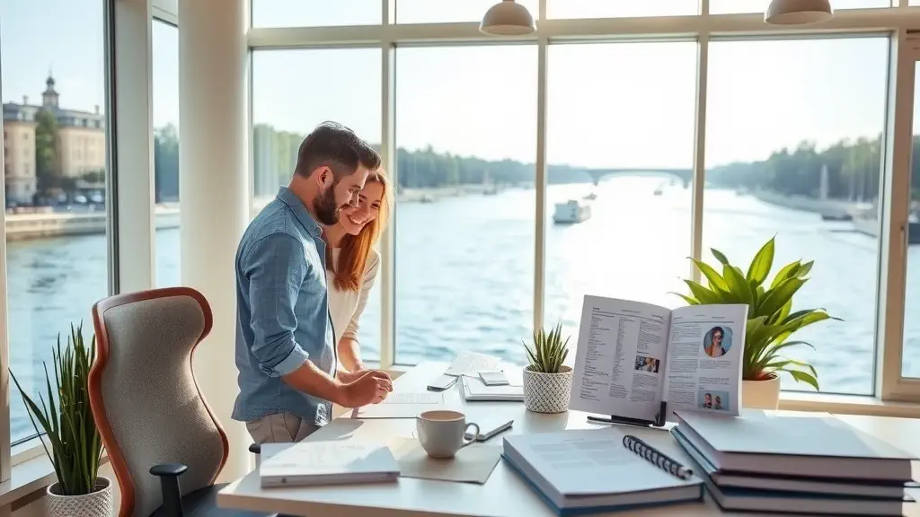 A man and woman collaborating at a bright, modern office desk by large windows overlooking a peaceful river with boats. They are reviewing article samples spread across the desk, created by compose quickly, which also features neatly stacked books and plants. The workspace has an open, professional yet relaxed feel, with natural light enhancing the productive atmosphere.