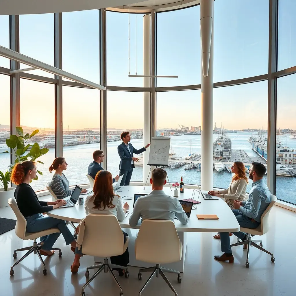 A group of professionals in a modern office with large floor-to-ceiling windows overlooking a scenic marina and ships. A presenter in formal attire is leading a meeting using a flip chart with graphs, while the attendees, seated around a conference table, are engaged with laptops and notes. The setting is bright and spacious, with a contemporary, collaborative atmosphere.