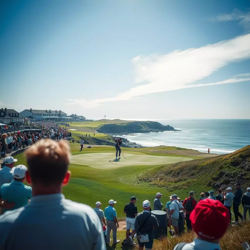 A dynamic scene from the 2024 British Open at Royal Troon, featuring golfers in action, a stunning coastal backdrop, and enthusiastic spectators capturing the energy and excitement of the tournament.