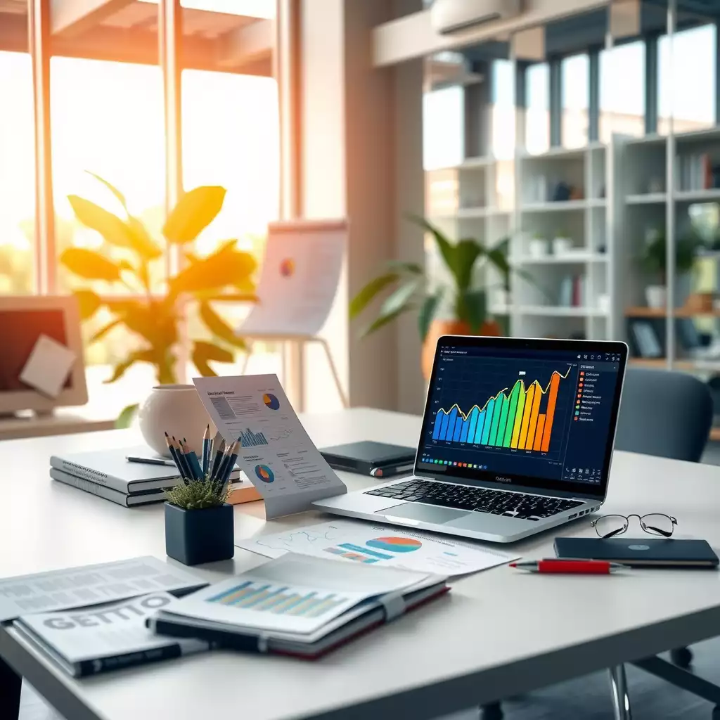 A modern workspace featuring a sleek desk with SEO materials, including charts and a laptop displaying colorful analytics, capturing the essence of digital marketing.