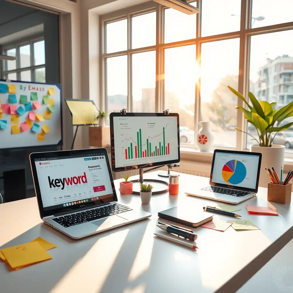 A modern workspace featuring laptops, colorful notes, and charts illustrating digital marketing strategies, highlighting the essence of SEO and keyword research.