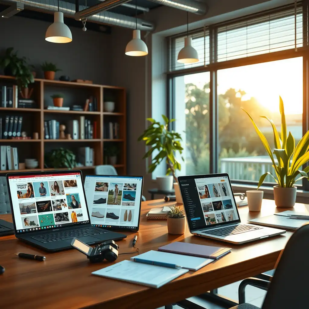 A modern e-commerce workspace featuring sleek laptops, creative notes, and elements of advanced technology, embodying a dynamic and innovative atmosphere for digital content creation.