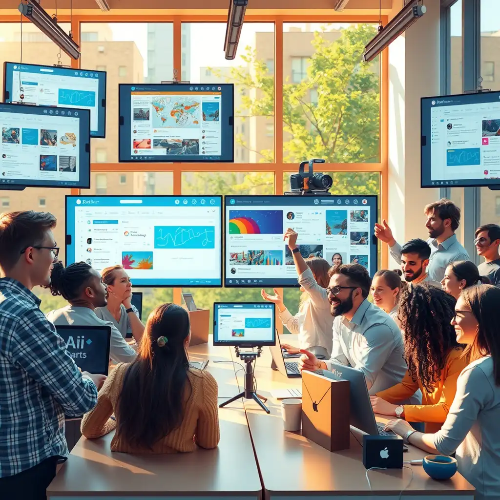 A vibrant virtual workspace showcasing a diverse group of individuals collaborating on AI content creation, surrounded by screens displaying colorful graphics and social media feeds.