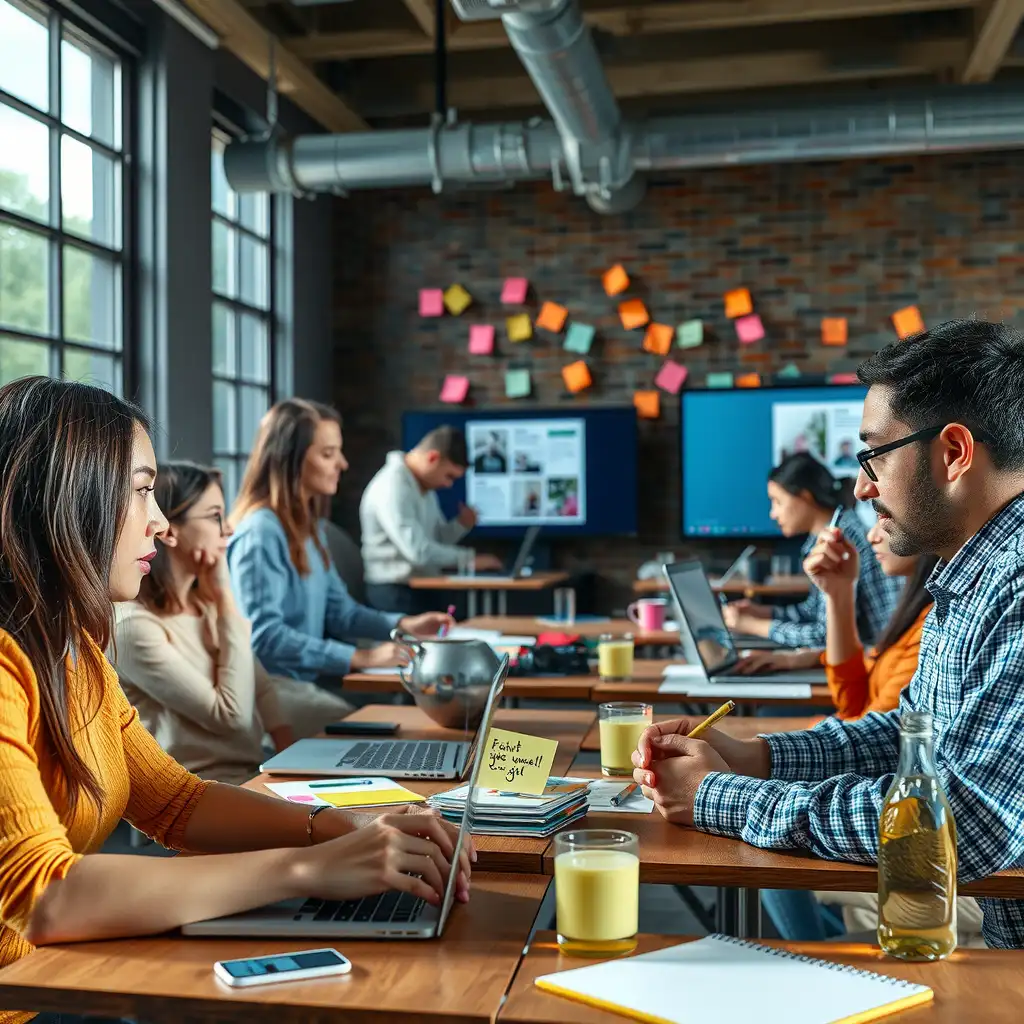 A diverse group of participants engaged in an AI content writing workshop, interacting with laptops and brainstorming ideas, surrounded by colorful notebooks and post-it notes in a collaborative atmosphere.