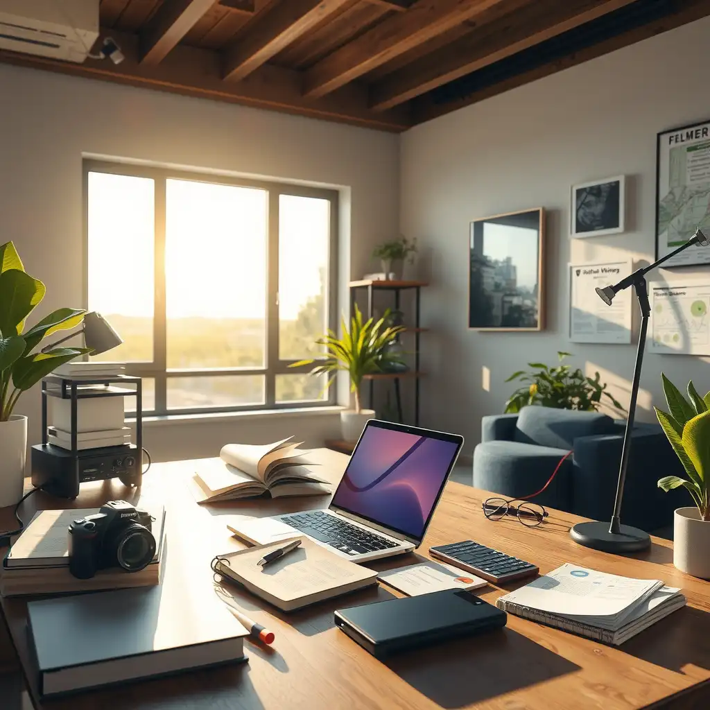 A modern workspace filled with creative tools for content creation, featuring a sleek laptop, scattered notes, books, and digital devices, all infused with elements of artificial intelligence and vibrant colors.