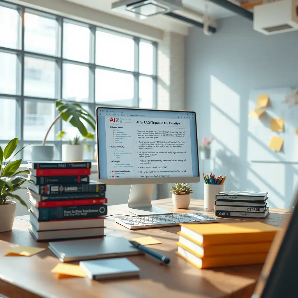 A modern workspace featuring a sleek computer, stacks of AI books, and brainstorming tools in a bright, minimalist office setting.