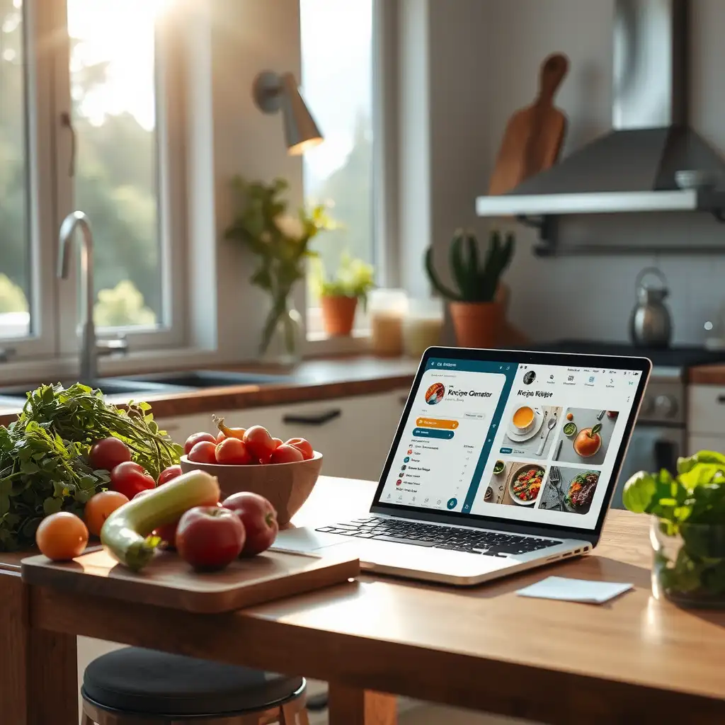 A modern kitchen featuring fresh vegetables, herbs, and an open laptop displaying a recipe generator, creating a vibrant and inviting atmosphere for culinary creativity.