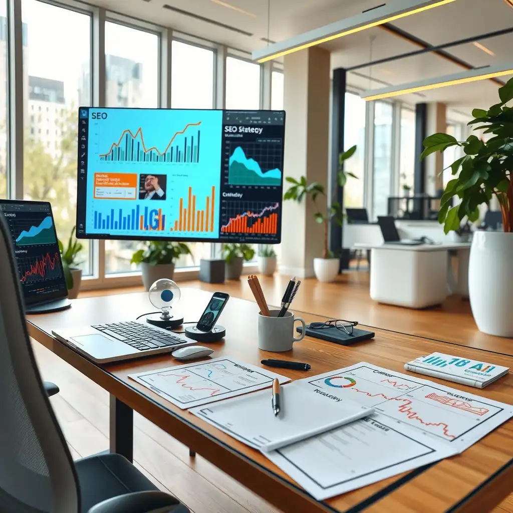 A modern digital workspace featuring advanced technology for AI-driven SEO optimization, with dynamic analytics on screen and creative notes on a stylish desk.