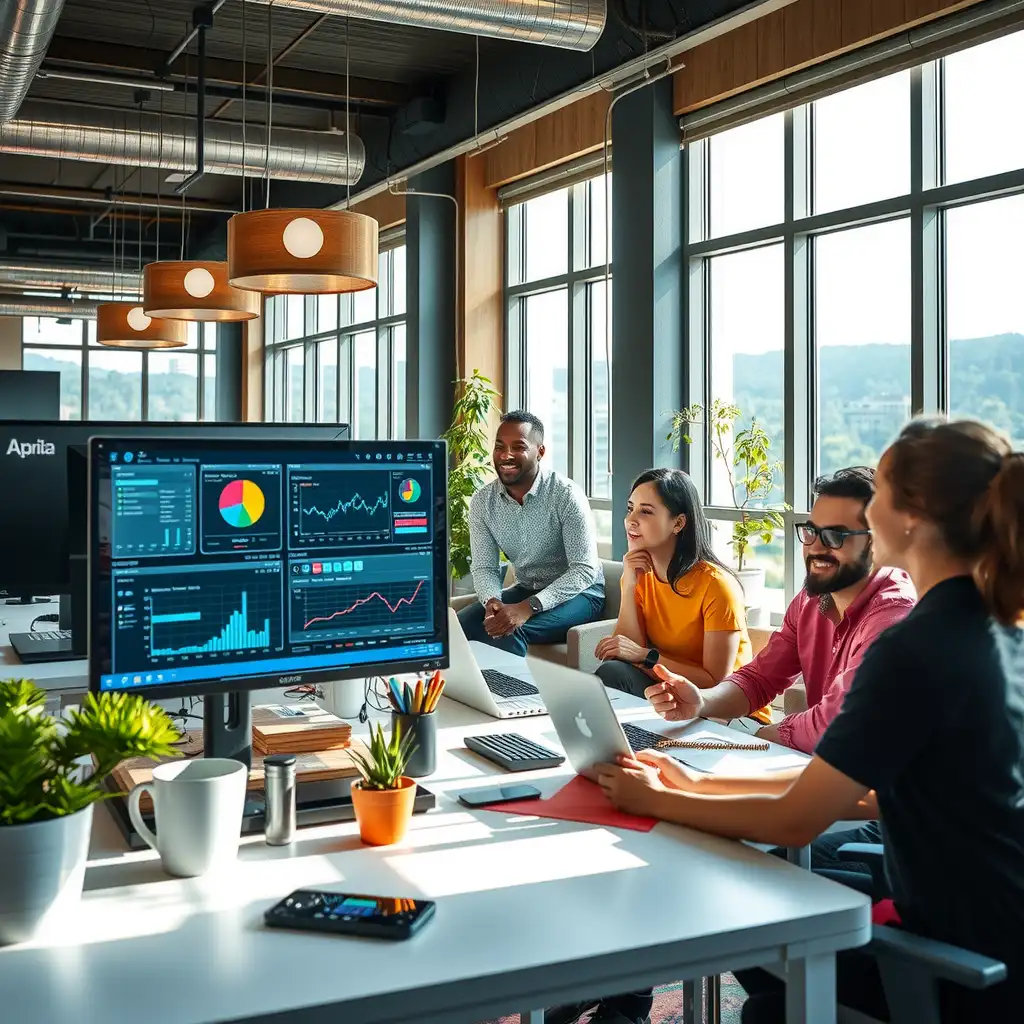 A vibrant modern workspace showcasing diverse team members collaborating on AI-driven social media content creation, featuring sleek technology and creative graphics.