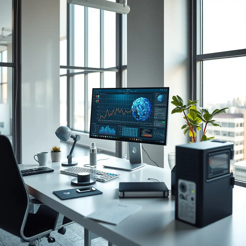 A modern workspace showcasing advanced AI tools for technical documentation, featuring a sleek computer setup, organized documents, and tech gadgets, all immersed in a bright and innovative environment.