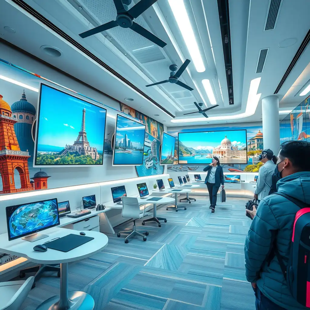 A futuristic travel agency office featuring advanced technology, digital screens showcasing global destinations, and travelers engaging with virtual reality experiences. The scene highlights the dynamic interaction between AI tools and personalized travel planning in a vibrant, innovative environment.