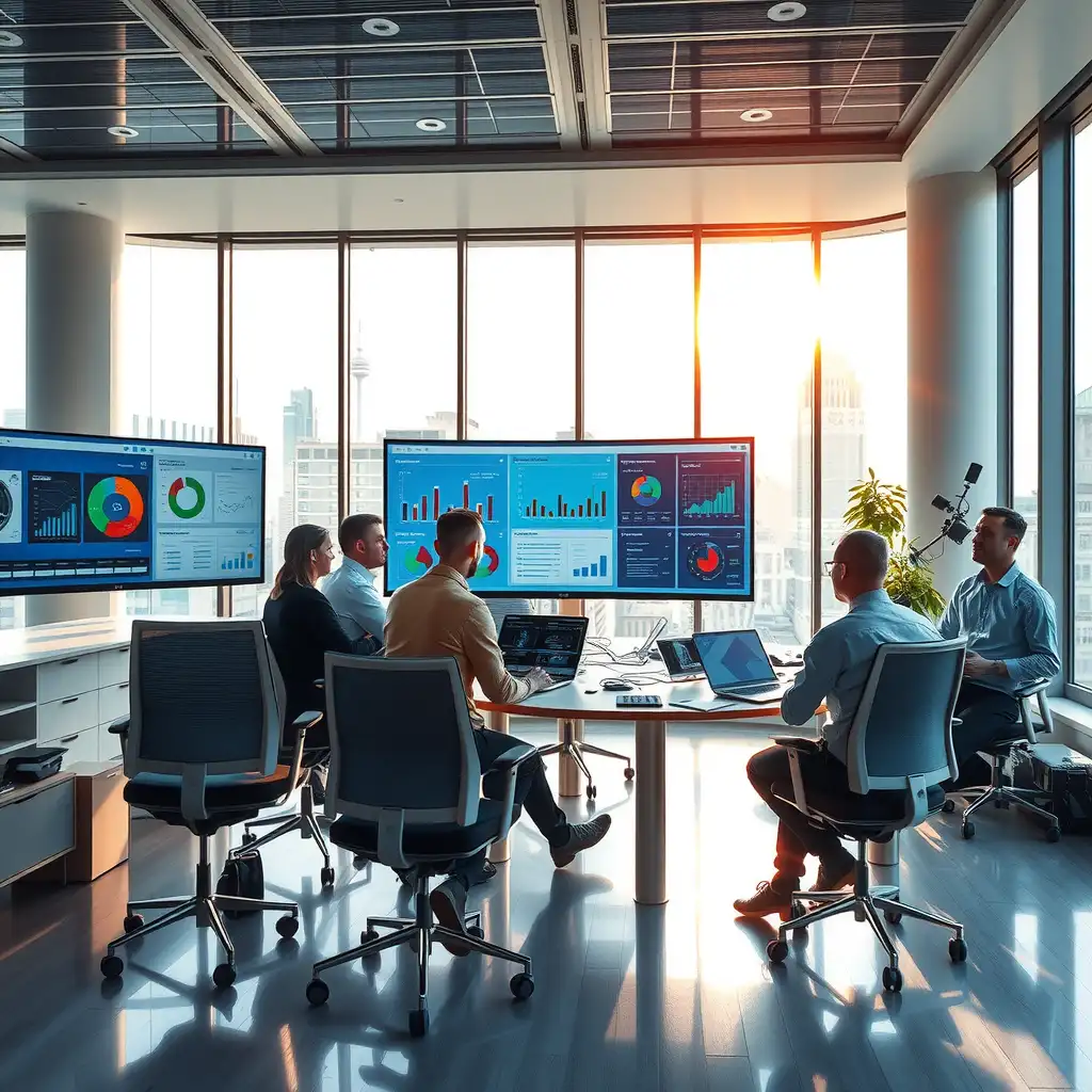 A modern office environment featuring professionals collaborating around a digital workspace, with screens displaying data analytics and AI insights, highlighting innovation and productivity.