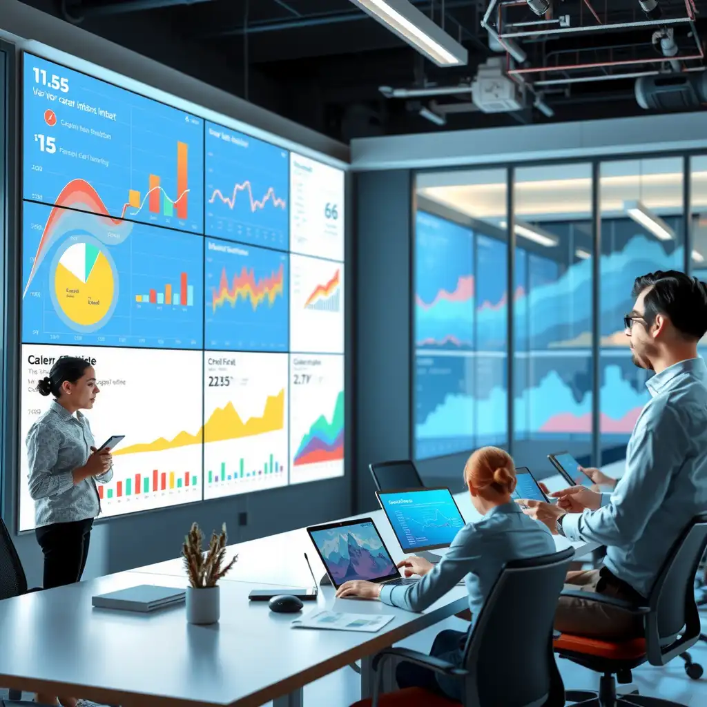 A modern office workspace featuring diverse professionals collaborating around digital devices, with large screens showcasing colorful data visualizations and advanced AI technology in a creative environment.