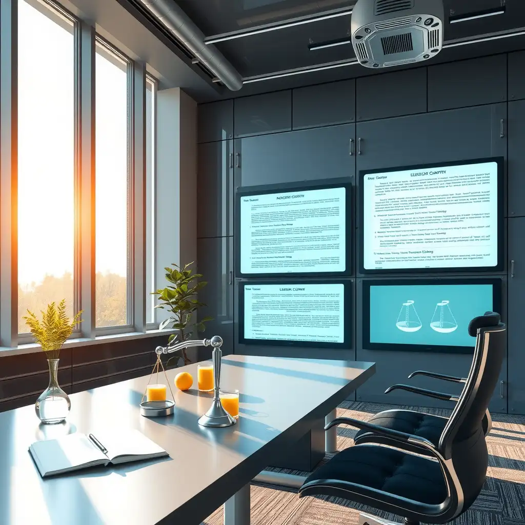 A modern law office featuring advanced AI technology integrated into the document drafting process, with high-tech screens displaying legal documents and suggestions in a professional setting.