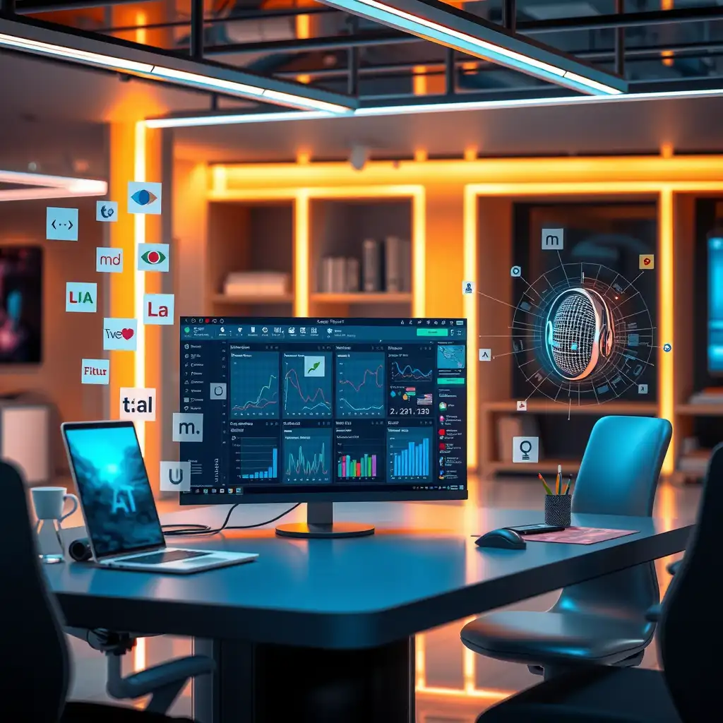 Futuristic workspace featuring advanced AI technology for speech and text conversion, with a sleek interface and vibrant visual elements representing diverse languages and communication.