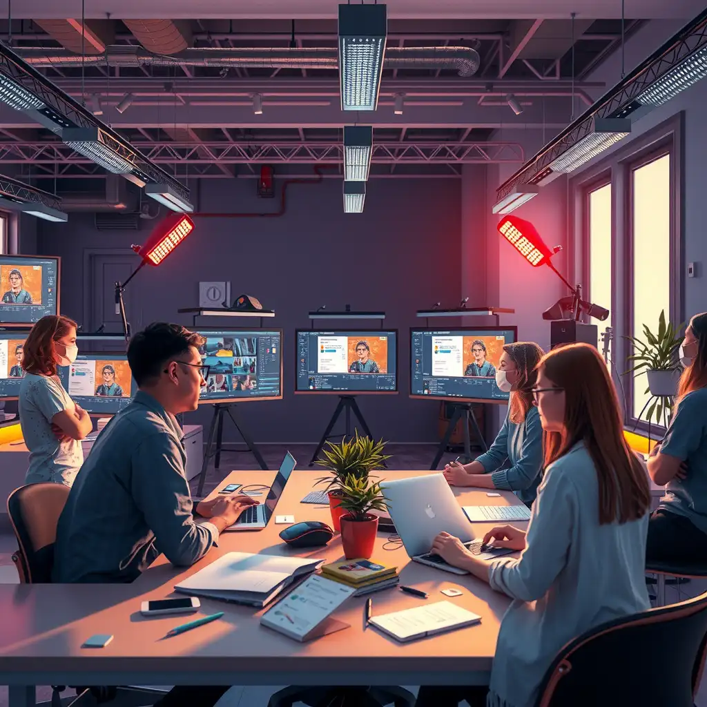 A vibrant and modern workspace showcasing collaboration between creatives and AI tools in video content scripting, featuring advanced technology, diverse individuals brainstorming, and screens displaying scriptwriting software.