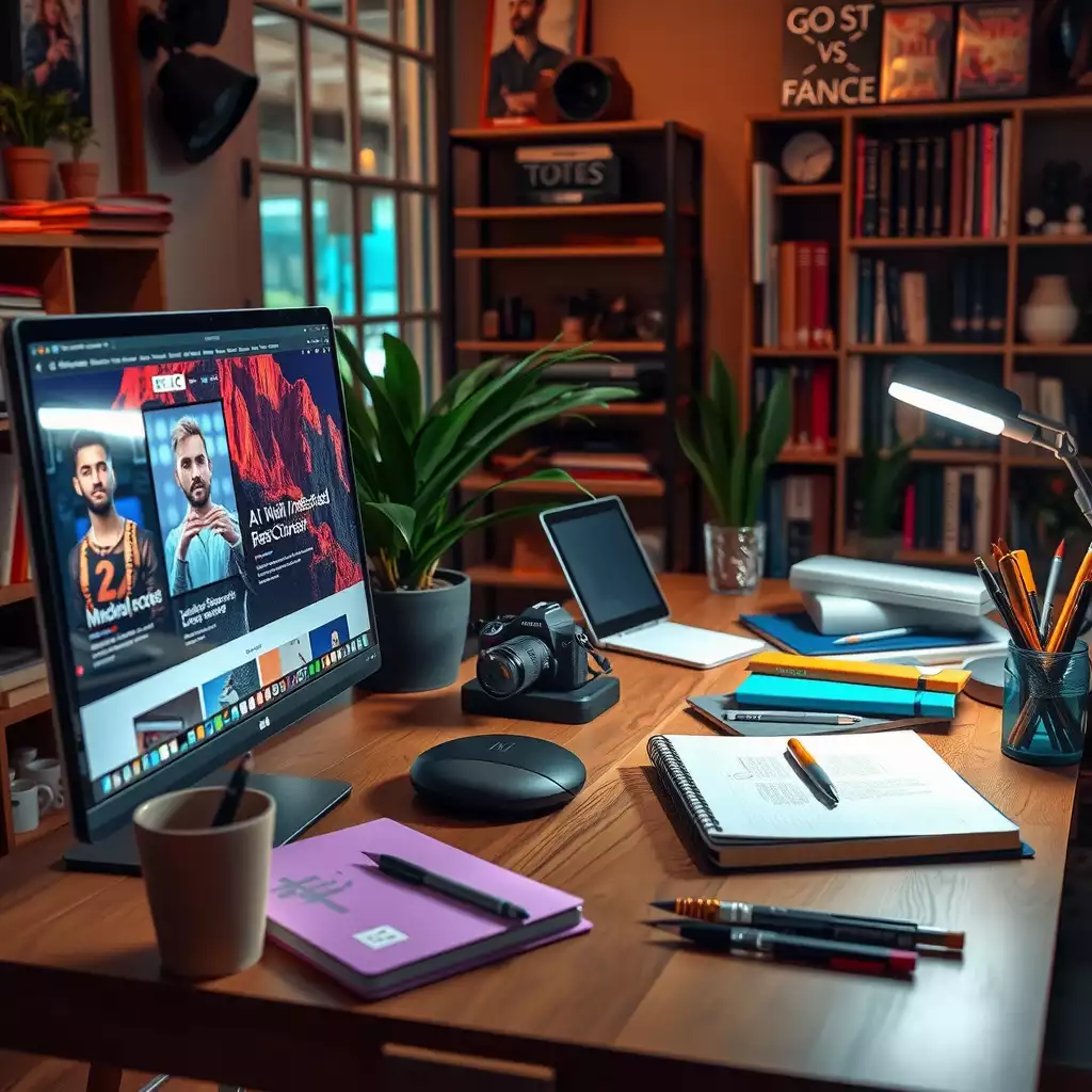 A modern workspace showcasing the contrast between technology and human creativity, featuring a sleek computer with vibrant digital content on one side and a cozy writer's desk with notebooks and art supplies on the other.