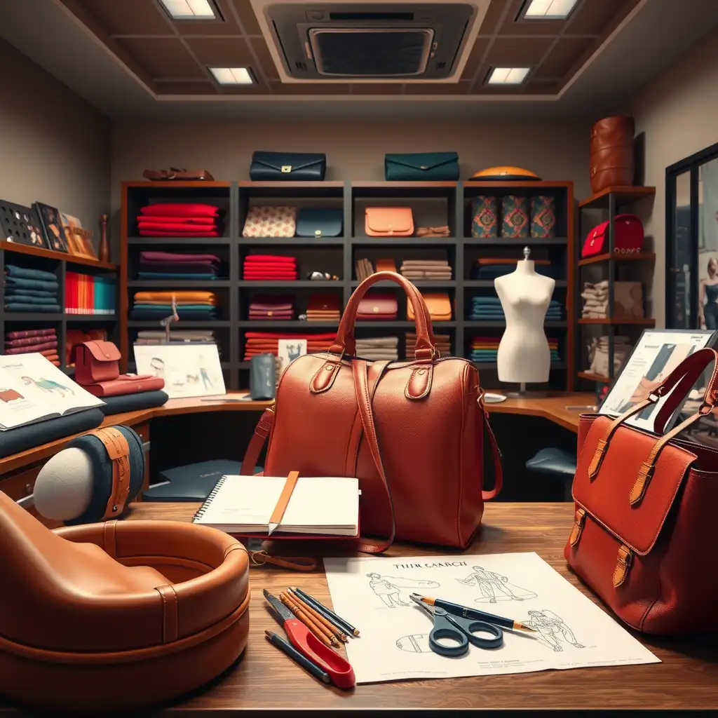 A stylish workspace showcasing vibrant fabric swatches, intricate handbag sketches, and design tools, highlighting the artistry and craftsmanship of custom handbag design.