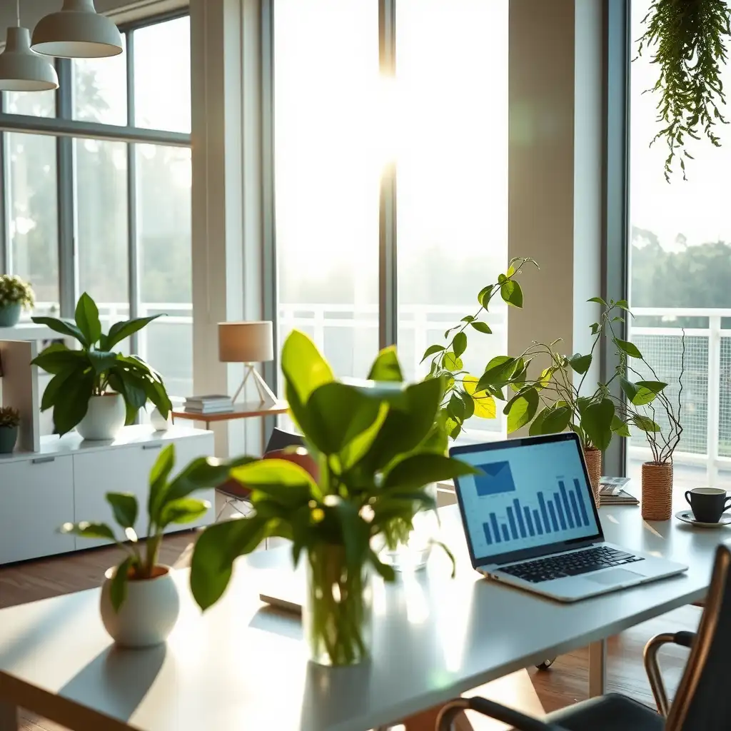 A modern workspace for an ethical investment advisor featuring eco-friendly decor, a sleek desk with digital devices, and greenery that emphasizes sustainability and professionalism.