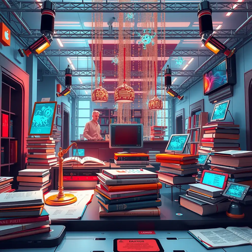 A dynamic scene depicting the intersection of artificial intelligence and publishing law, featuring futuristic algorithms, stacks of books, legal documents, and digital interfaces, all set in a modern, creative environment that evokes exploration of technology and intellectual property.