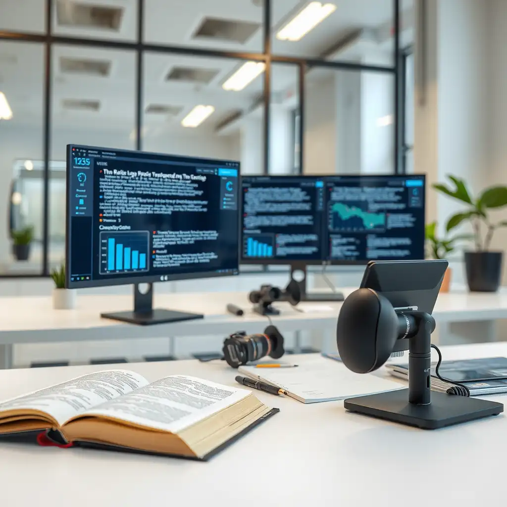 A modern workspace featuring high-resolution monitors with text analysis software, open books, and digital devices on a minimalist desk, conveying innovation in automated proofreading techniques.