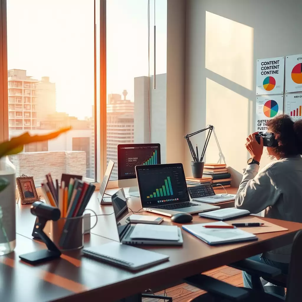 A bright, organized workspace featuring laptops, notebooks, colorful charts, and motivational quotes, embodying creativity and strategy in digital marketing.