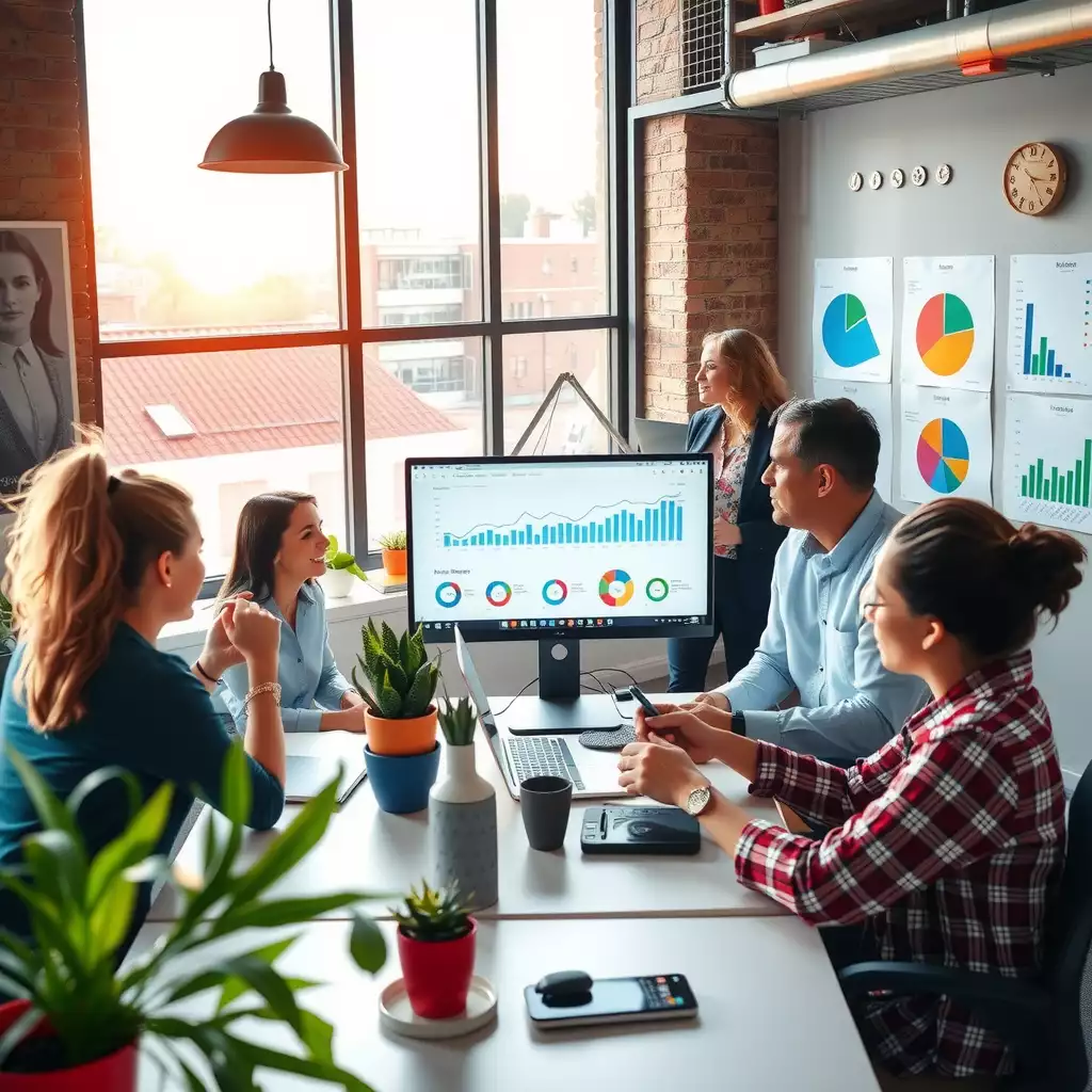 A modern office workspace showcasing a diverse team collaborating on local SEO strategies, with analytical data on computer screens and colorful charts on the walls.