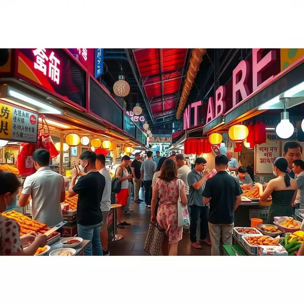 A vibrant street food scene in Bangkok, featuring colorful stalls filled with delicious dishes and lively interactions between vendors and customers, illuminated by neon lights.