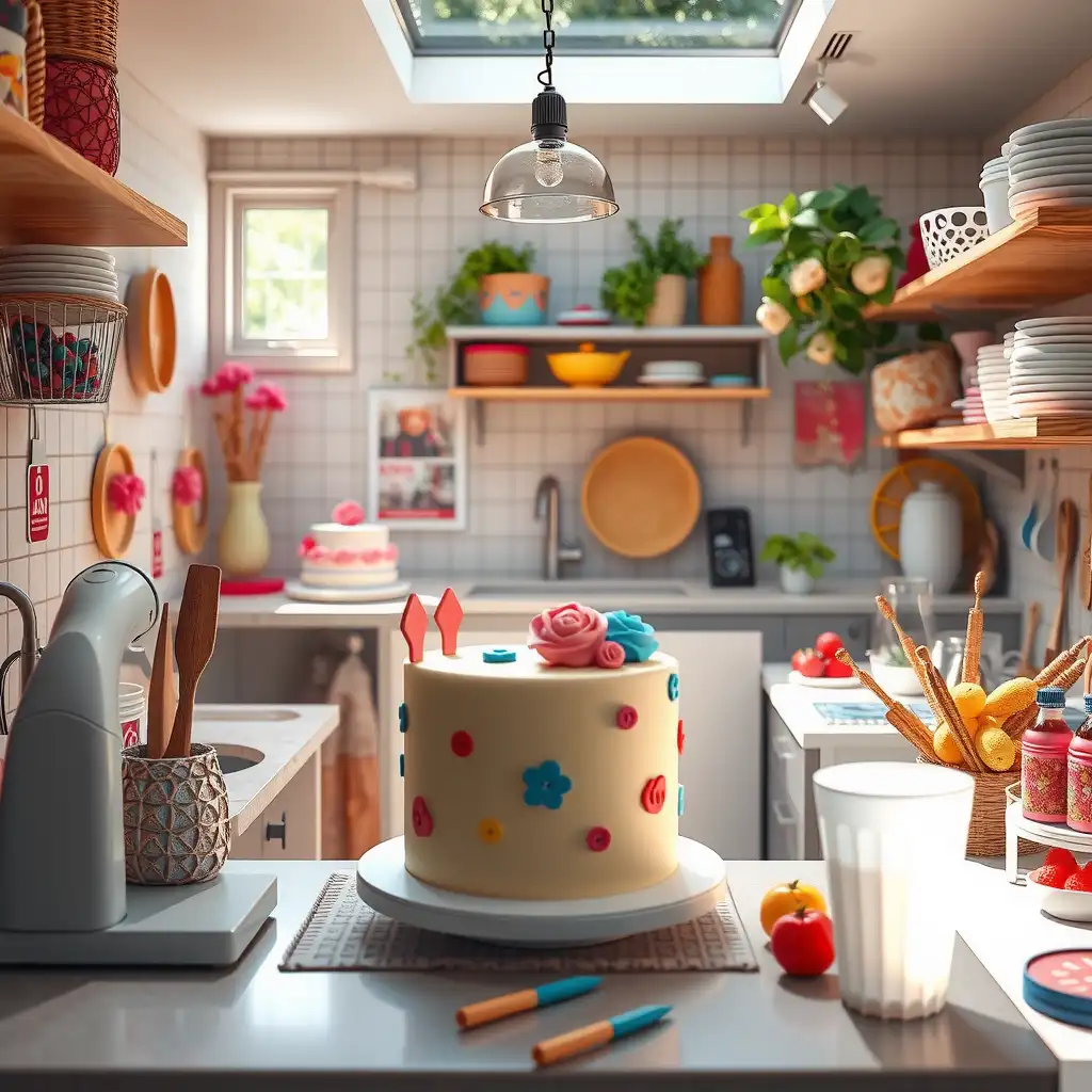 A vibrant and organized workspace for a 3D cake designer, featuring colorful cakes, intricate tools, and fresh ingredients, showcasing creativity and artistry in cake design.