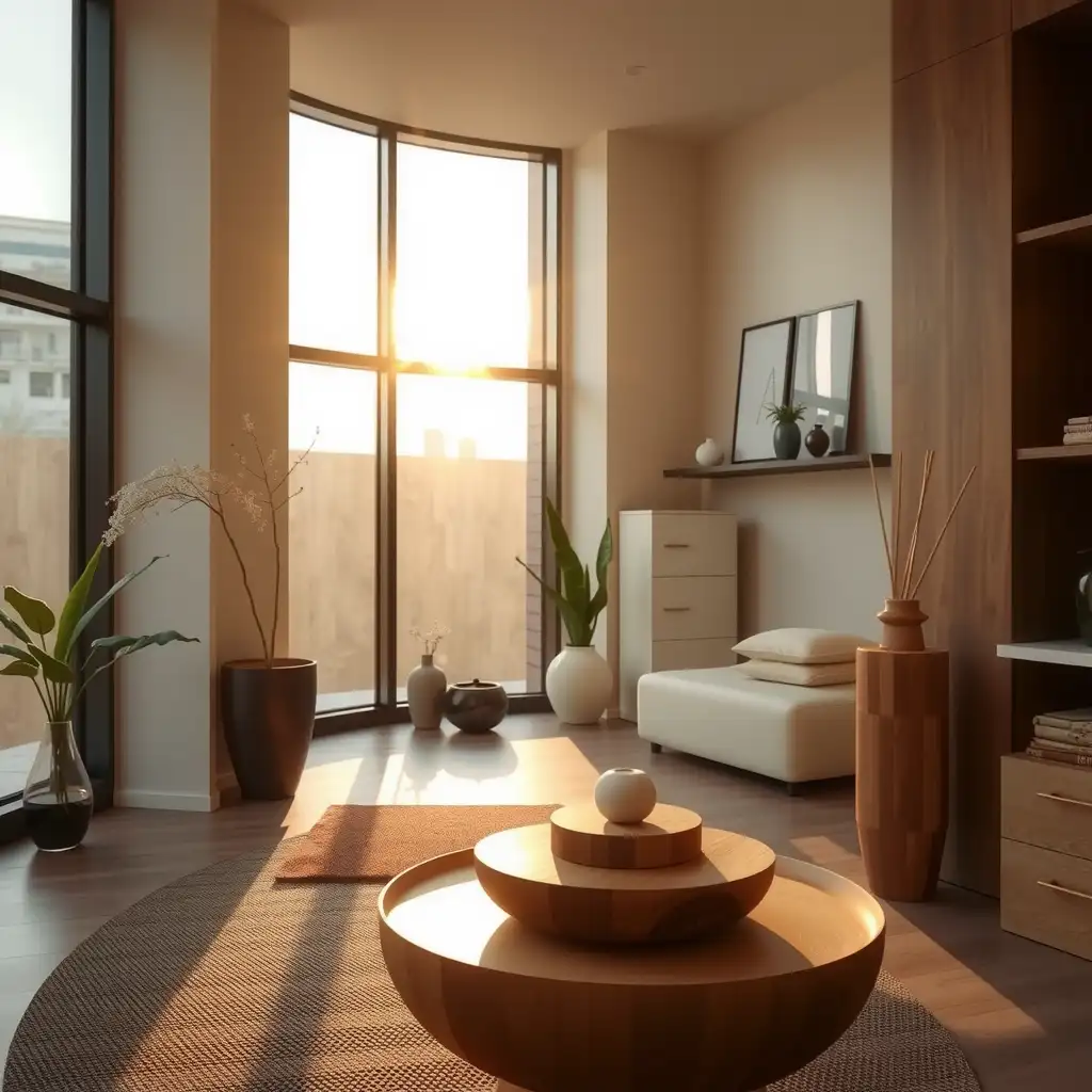 A serene modern acupuncture clinic interior featuring elegant decor, natural light, and calming elements like plants and water features.