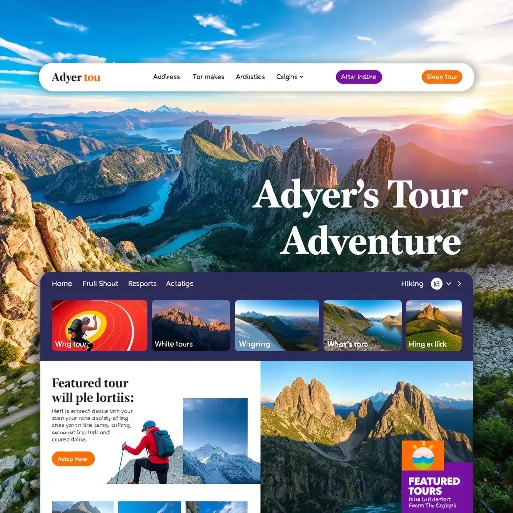 Vibrant website interface for an adventure tour company, featuring outdoor activities, bold typography, and interactive elements.