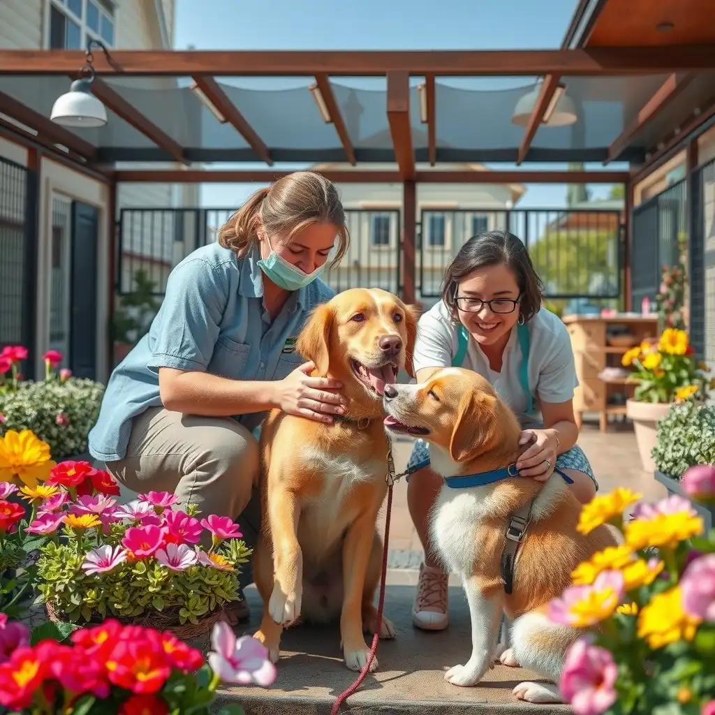 A heartwarming scene of rescued animals interacting joyfully with their caretakers in a vibrant shelter surrounded by greenery and colorful flowers, capturing the essence of compassion and community engagement.