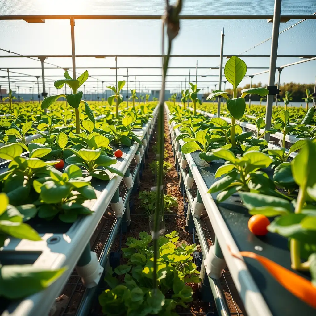 A modern aquaponics farm showcasing interconnected fish tanks and vibrant plant beds, surrounded by lush greenery, illustrating sustainable agricultural innovation.