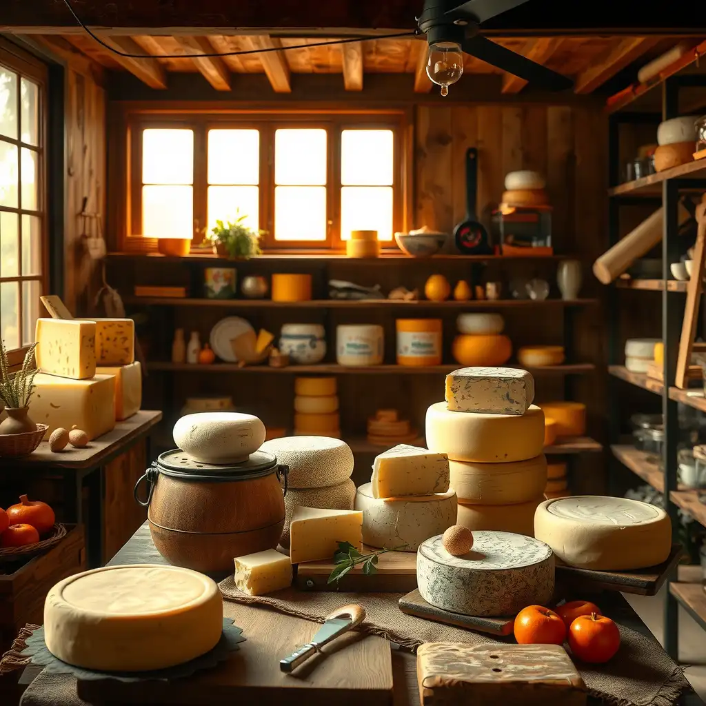 A beautifully arranged cheese-making workshop showcasing artisanal cheeses, fresh ingredients, and handcrafted tools in a rustic setting.