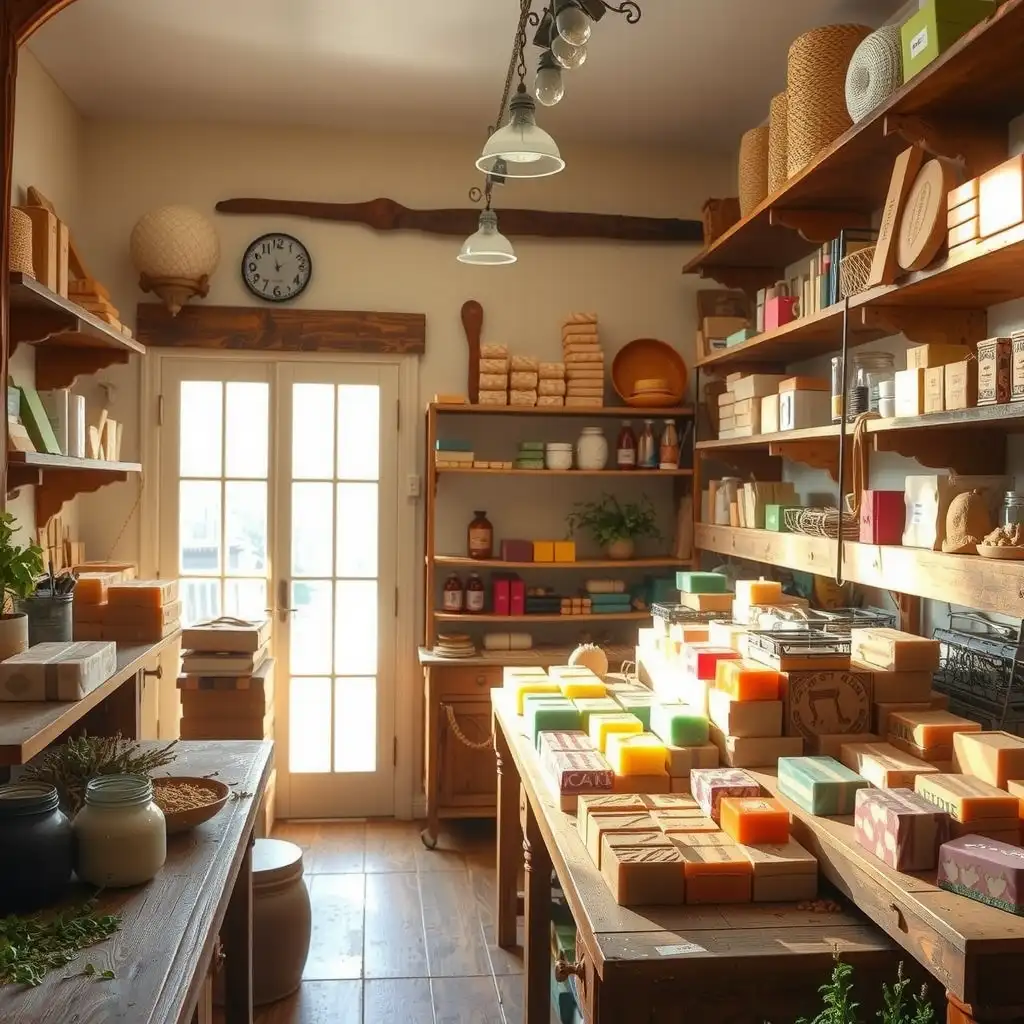 A vibrant artisanal soap maker's workspace featuring colorful handcrafted soaps, natural ingredients, and rustic wooden shelves, evoking a warm and creative atmosphere.