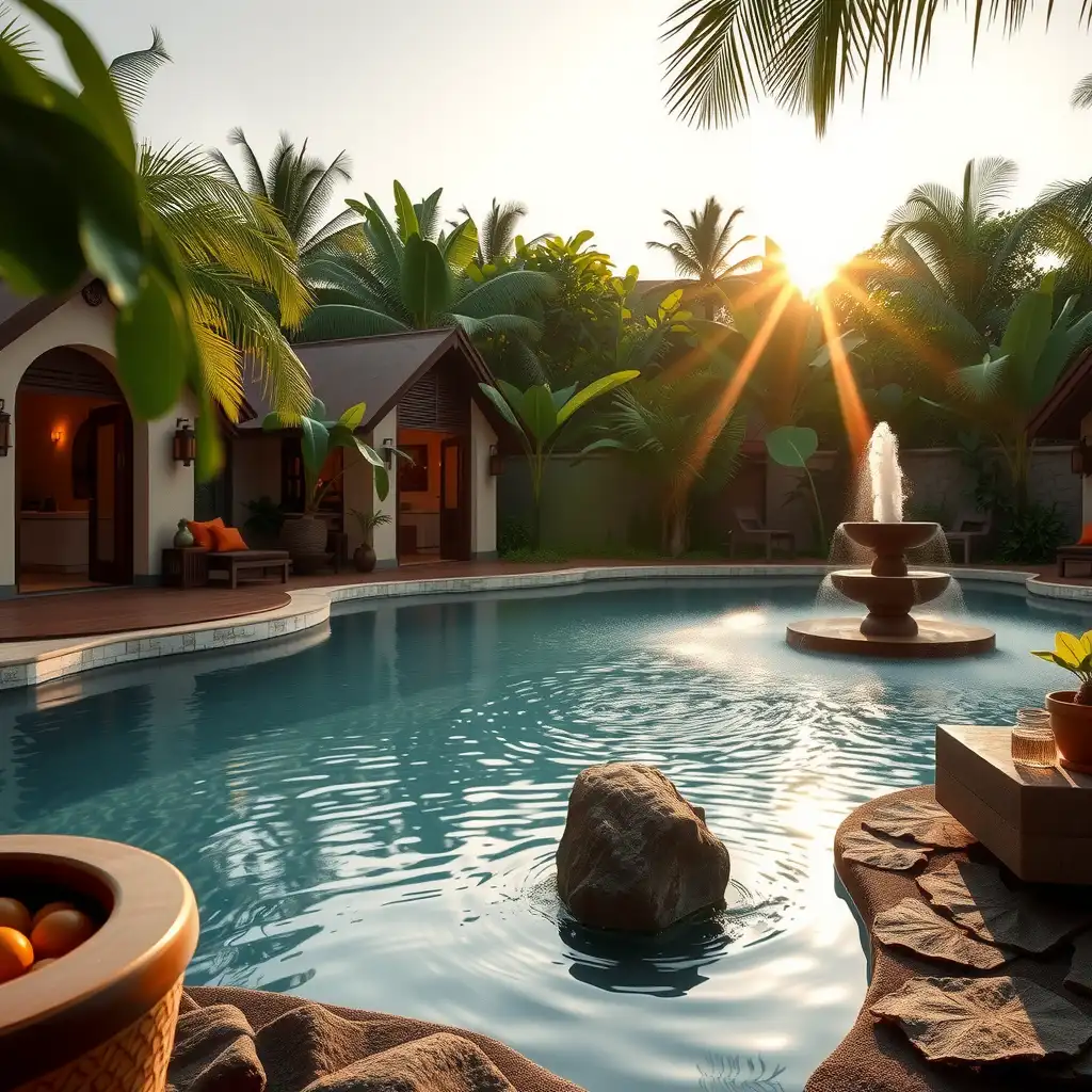 A tranquil Ayurvedic wellness spa surrounded by lush tropical foliage, featuring soothing water elements, aromatic gardens, and serene treatment areas, embodying relaxation and holistic healing.