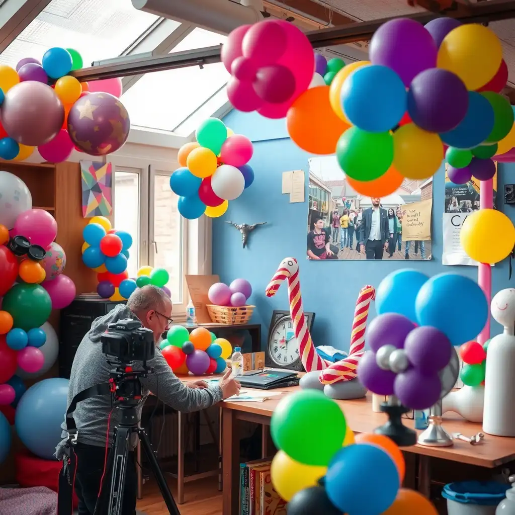 A vibrant workspace filled with colorful balloons, showcasing intricate balloon sculptures and an atmosphere of creativity and joy in balloon artistry.