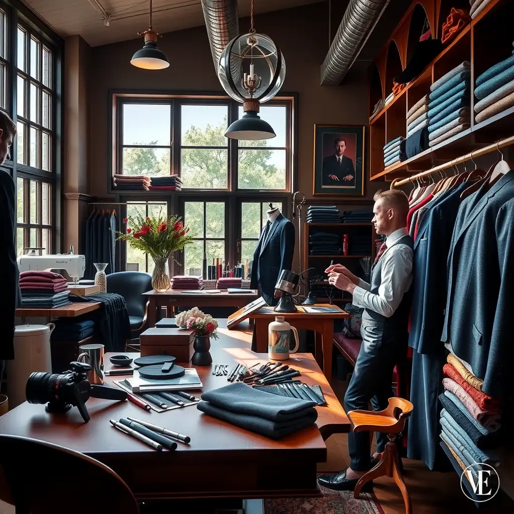 An elegant bespoke tailor workshop featuring vibrant fabrics, intricate sewing tools, and a skilled tailor at work, showcasing craftsmanship and personalized service.