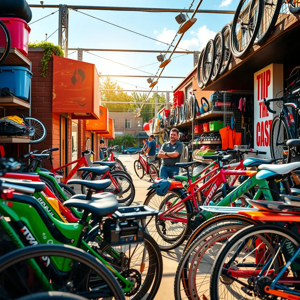 A vibrant bicycle repair shop filled with various bikes, tools, and enthusiastic mechanics interacting with satisfied customers, showcasing the spirit of community and passion for cycling.