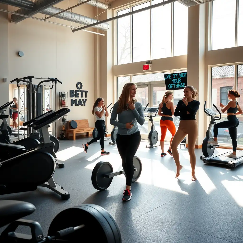 Modern boutique fitness studio filled with diverse clients engaging in various classes, featuring vibrant decor and a variety of fitness equipment, all bathed in natural light.