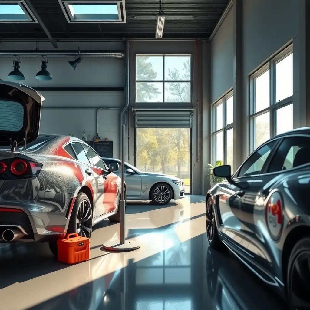 A modern car detailing workspace showcasing gleaming vehicles, organized tools, and natural light streaming through large windows.