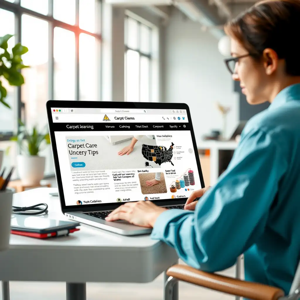 A modern office workspace featuring a laptop with articles on carpet cleaning, vibrant visuals of clean carpets, and infographics on professional cleaning benefits.