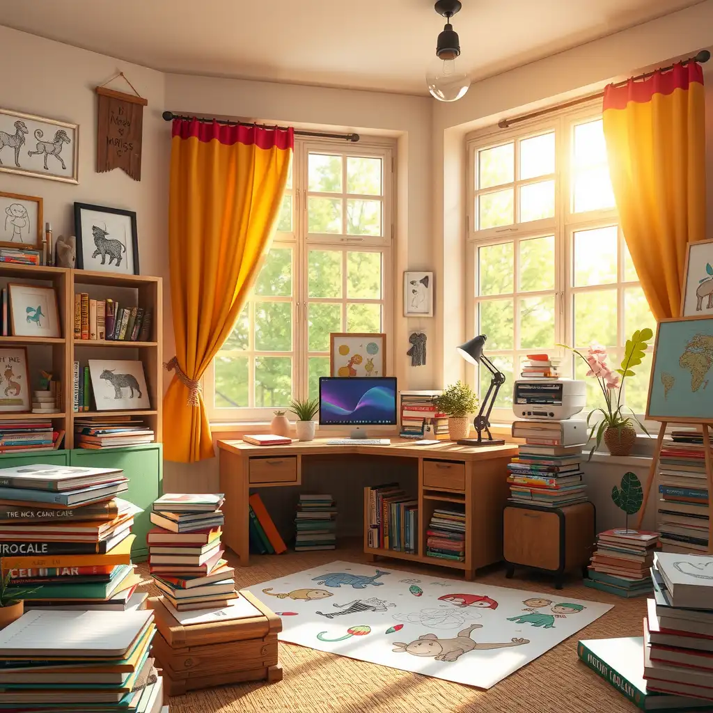 A vibrant and whimsical workspace of a children's book illustrator, featuring colorful curtains, art supplies, sketches of playful characters, stacks of illustrated books, and inspiring artwork on the walls.