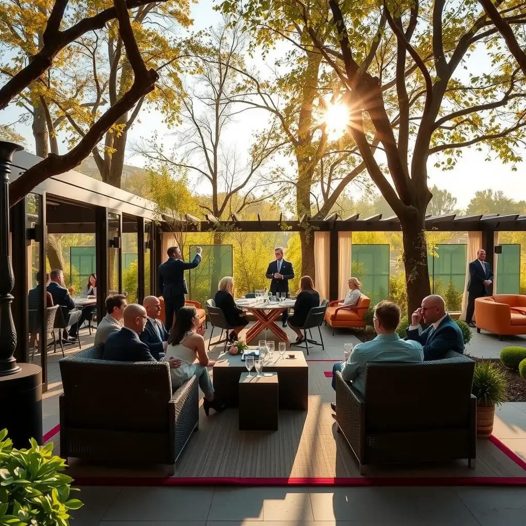 A vibrant corporate retreat setting with outdoor seating, tasteful decorations, and participants engaged in collaborative activities amidst a backdrop of colorful autumn leaves.