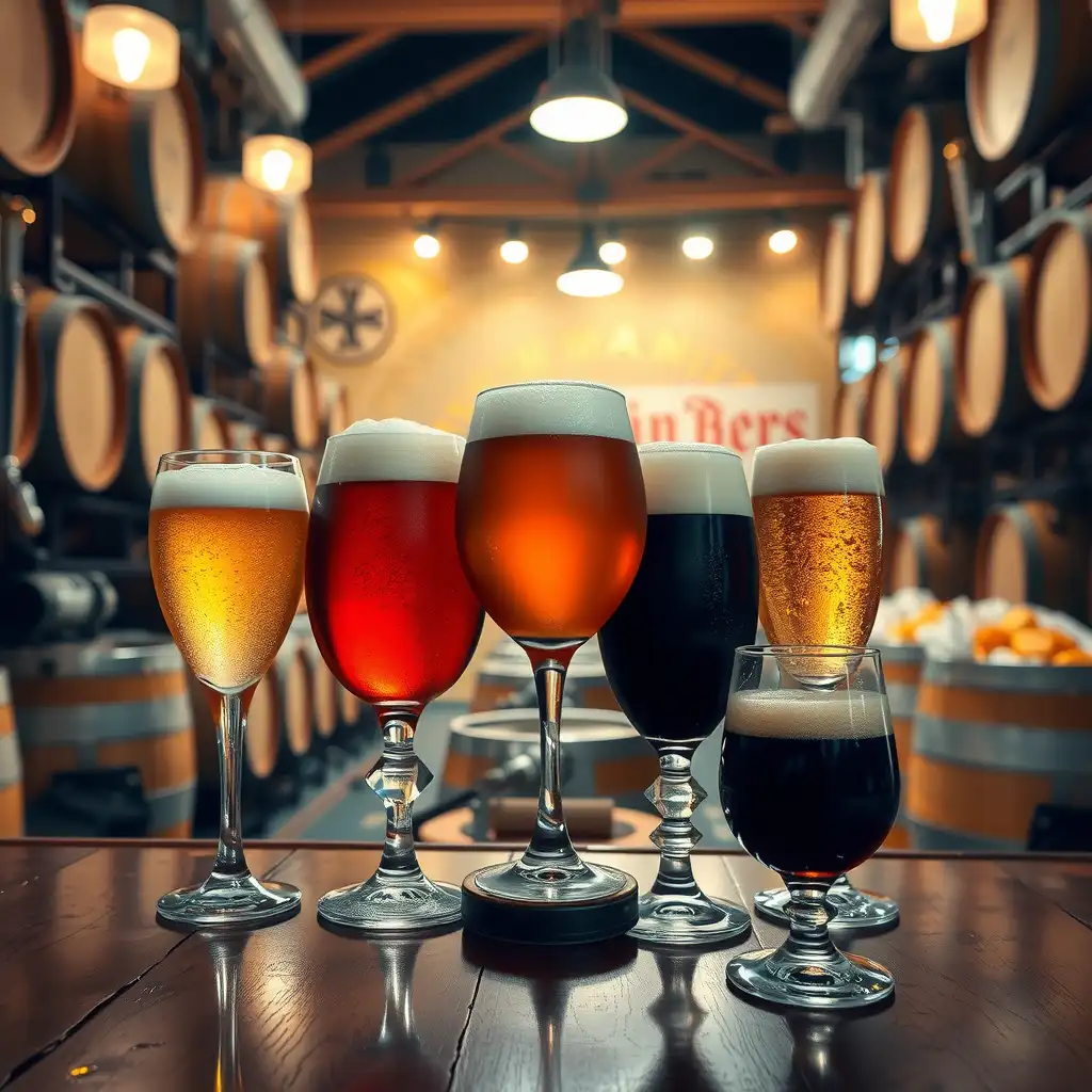 A cozy brewery interior featuring a variety of craft beers in elegant glassware, surrounded by barrels and taps, showcasing the essence of community and craftsmanship with warm, inviting colors.