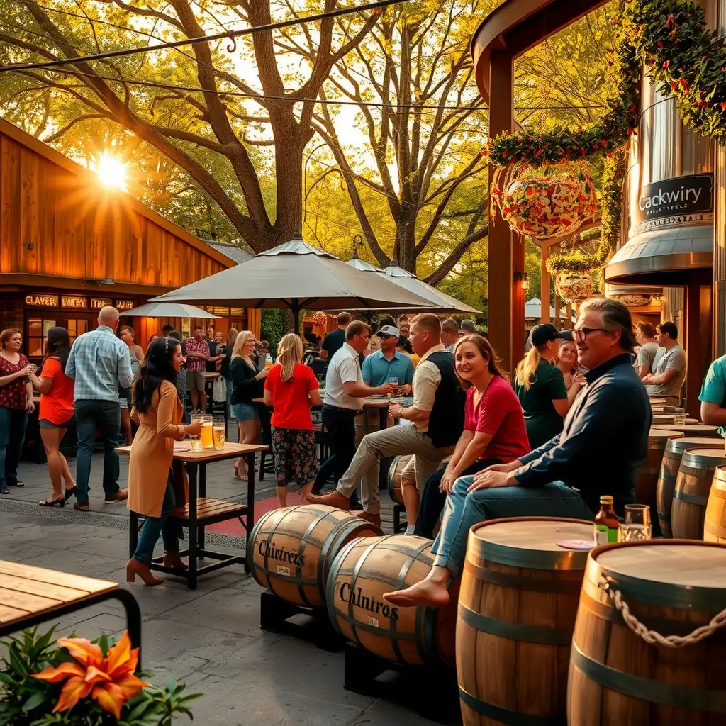 A vibrant craft brewery scene featuring patrons enjoying artisanal beers on a rustic patio, surrounded by stacked barrels and seasonal decorations that highlight the brewery's unique character.