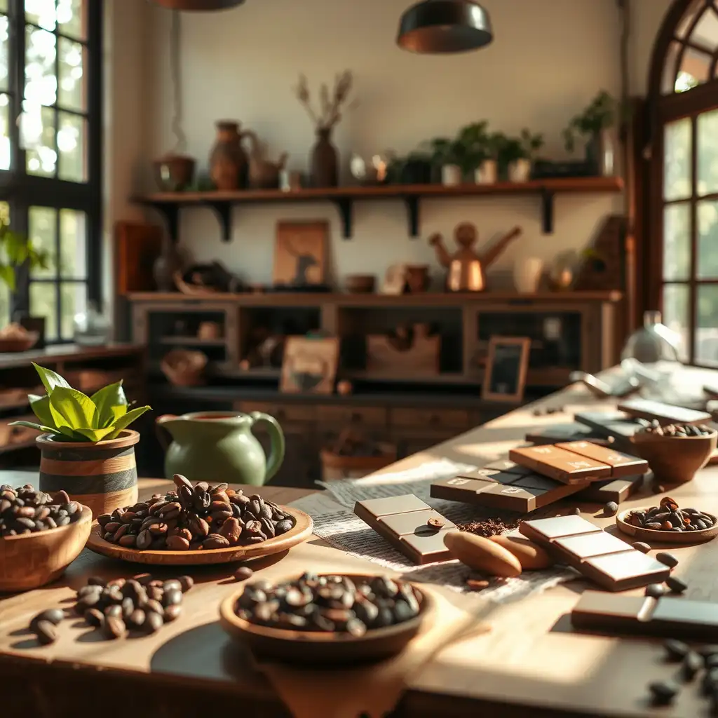 Artisanal chocolate-making workspace featuring rich cocoa beans, arranged chocolate bars, and confections, illuminated by soft natural light, showcasing craftsmanship and creativity.