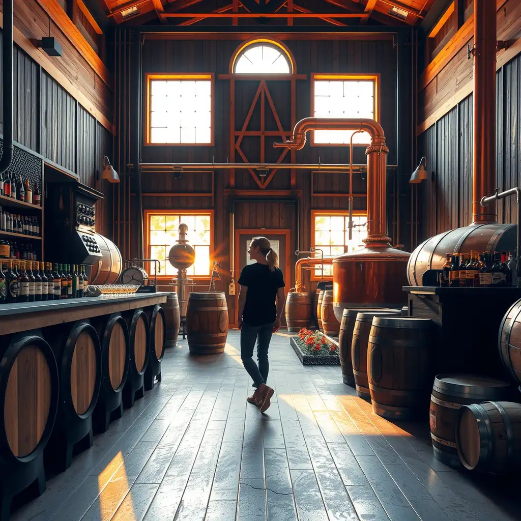 An inviting craft distillery showcasing gleaming copper stills, wooden barrels, and arranged bottles under warm lighting, evoking a sense of artisanal craftsmanship.