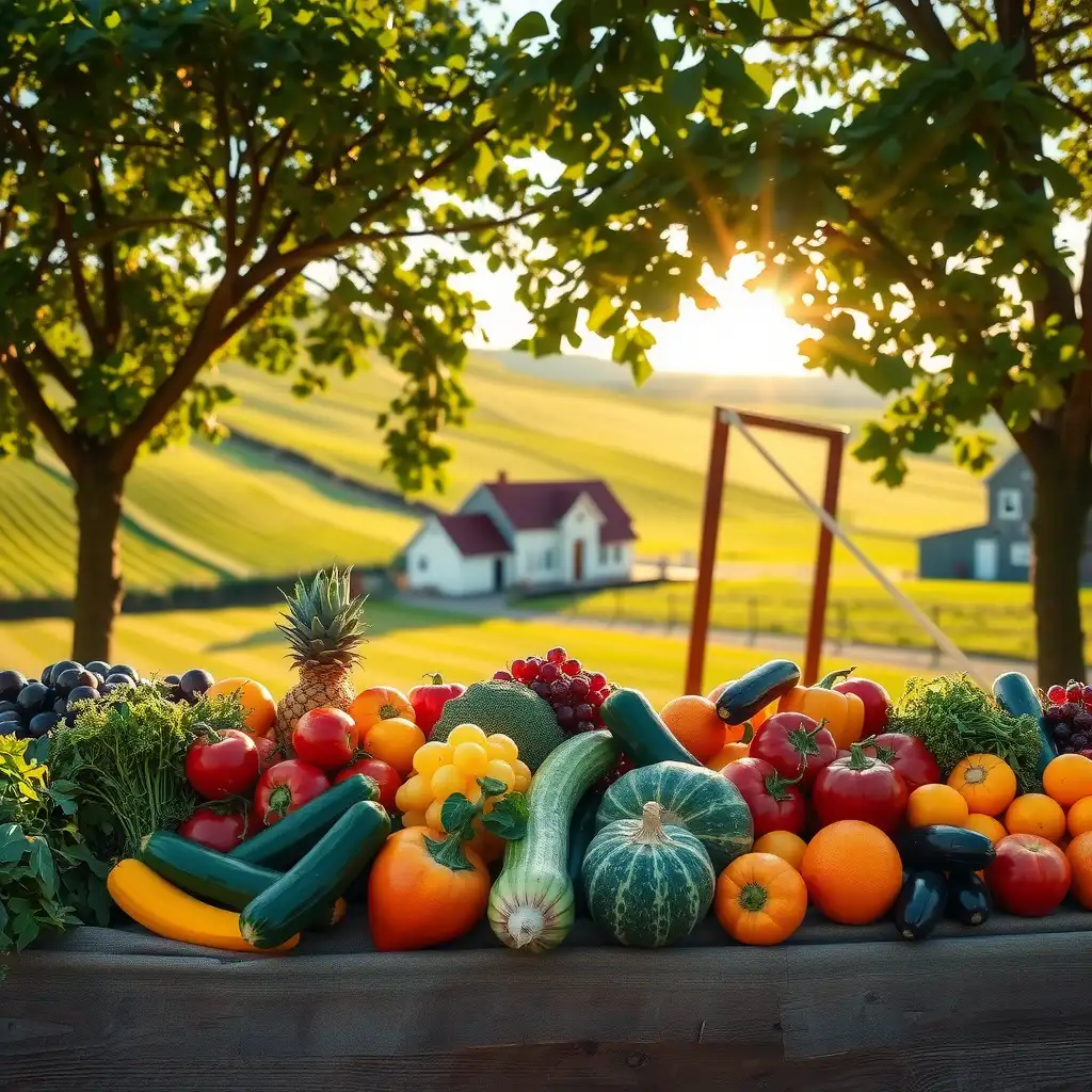 A vibrant CSA farm display featuring fresh vegetables and fruits, set against lush green fields and a charming farmhouse, with sunlight filtering through leafy trees.